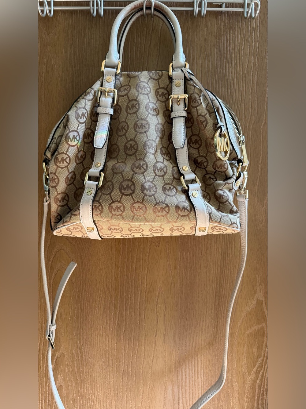 Michael Kors Beige Monogram Shoulder Bag with Gold Hardware